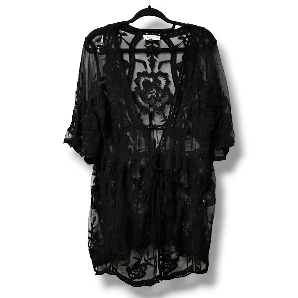 Hayden Los AngelesLace Sheer Floral Kimono Black O/S Boho Goth Witchy Festival
